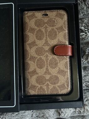 Coach Brown Signature Canvas Folio Phone Case with Tan Leather Snap